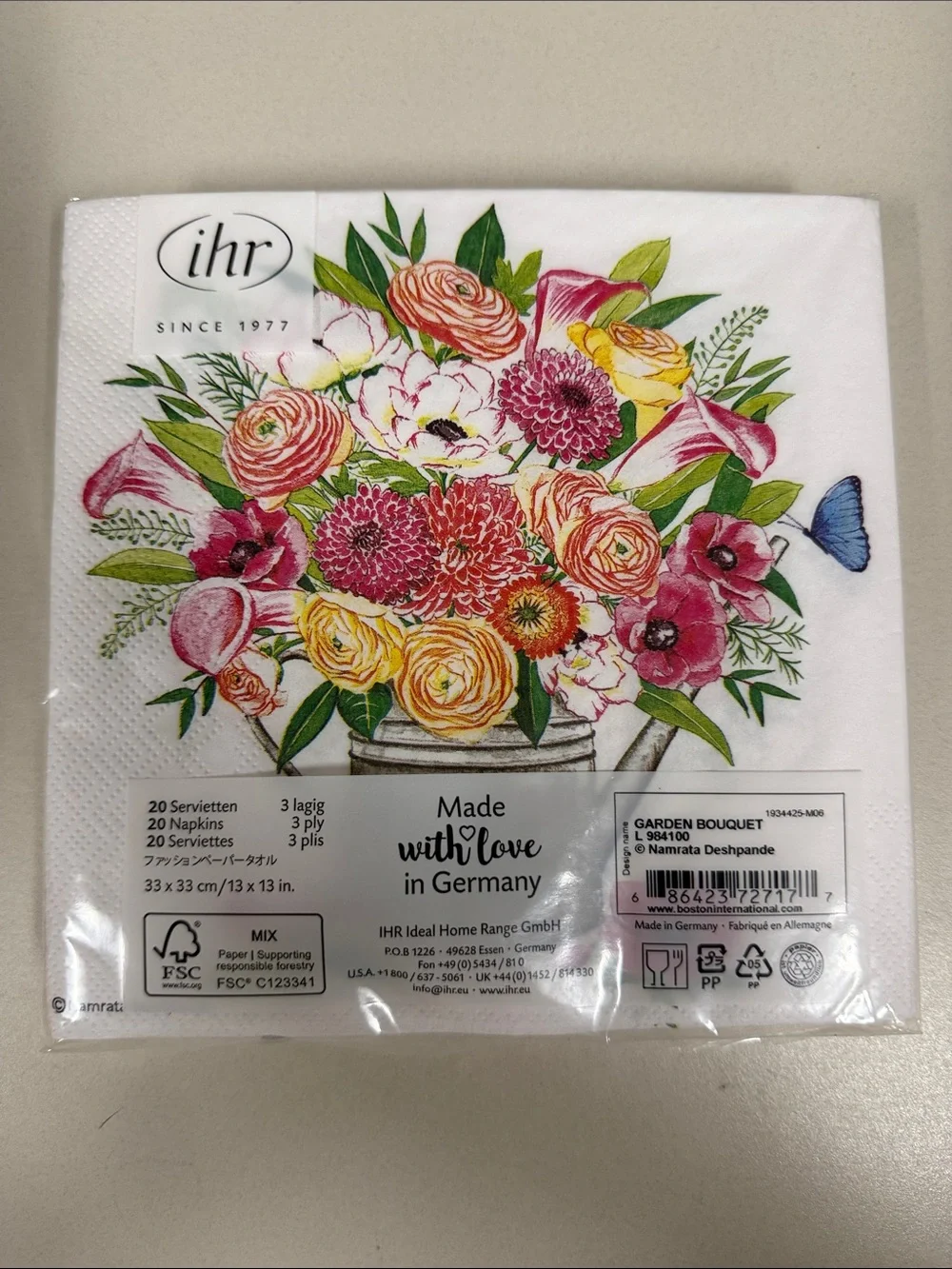 ihr White Pink Yellow Green Watering Can Floral Bouquet Napkins x 4 packs